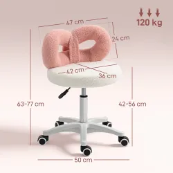 Taburete con Ruedas Respaldo Altura Regulable 63-77 cm Tapizado en Tejido de Borreguito Blanco y Rosa - Ogal.Es