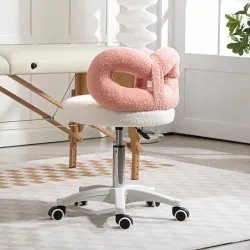 Taburete con Ruedas Respaldo Altura Regulable 63-77 cm Tapizado en Tejido de Borreguito Blanco y Rosa - Ogal.Es