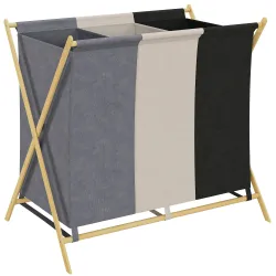 Cesto para Ropa Sucia Plegable con 3 Compartimentos Capacidad 129L con Marco de Bambú y Bolsas Extraíbles Multic... - Ogal.Es