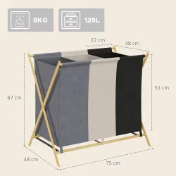 Cesto para Ropa Sucia Plegable con 3 Compartimentos Capacidad 129L con Marco de Bambú y Bolsas Extraíbles Multic... - Ogal.Es