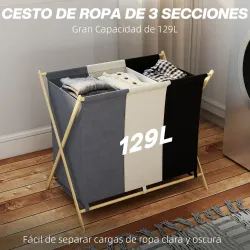 Cesto para Ropa Sucia Plegable con 3 Compartimentos Capacidad 129L con Marco de Bambú y Bolsas Extraíbles Multic... - Ogal.Es