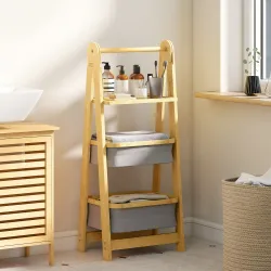 Estantería para Baño Plegable de Bambú con 2 Cestos para Ropa Sucia Estante Abierto Gris - Ogal.Es