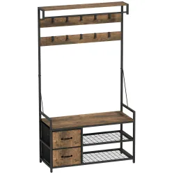 Perchero Zapatero con Zapatero Doble 10 Ganchos Ajustables 2 Cajones y Barra Colgante 100x40x180 cm Marrón Rústico - Ogal.Es