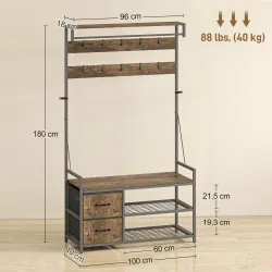 Perchero Zapatero con Zapatero Doble 10 Ganchos Ajustables 2 Cajones y Barra Colgante 100x40x180 cm Marrón Rústico - Ogal.Es
