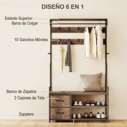 Perchero Zapatero con Zapatero Doble 10 Ganchos Ajustables 2 Cajones y Barra Colgante 100x40x180 cm Marrón Rústico - Ogal.Es