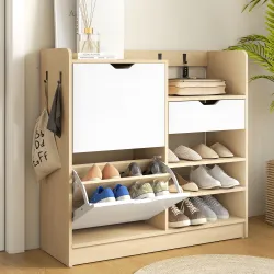 Zapatero Entrada Recibidor con Cajón Estantes Abiertos 4 Ganchos para 14 Pares de Zapatos Natural y Blanco - Ogal.Es