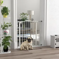 Barrera de Seguridad para Perros 74-87 cm con Extensión Montaje a Presión Doble Bloqueo para Puerta Escalera Blanco - Ogal.Es
