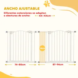 Barrera de Seguridad para Perros 74-94 cm con Extensión Montaje a Presión Doble Bloqueo para Puerta Escalera Blanco - Ogal.Es