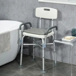 Silla Ducha Personas Mayores con Respaldo Reposabrazos Altura Ajustable Cojín Acolchado Extraíble Carga 136 kg Gris - Ogal.Es