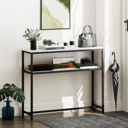 Consola Recibidor Estrecha con Superficie con Efecto Mármol Estante Abierto y Marco de Metal 100x30x81 cm Blanco - Ogal.Es