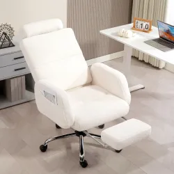 Silla de Escritorio con Reposapiés Tapizada en Borreguito con Respaldo Reclinable Reposacabezas Ajustable Crema - Ogal.Es