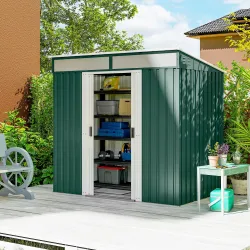 Cobertizo de Jardín 195x122x181,5 cm con Puertas Correderas 2 Ventanas y Ganchos para Almacenar Herramientas Verde - Ogal.Es