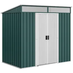 Cobertizo de Jardín 195x122x181,5 cm con Puertas Correderas 2 Ventanas y Ganchos para Almacenar Herramientas Verde - Ogal.Es