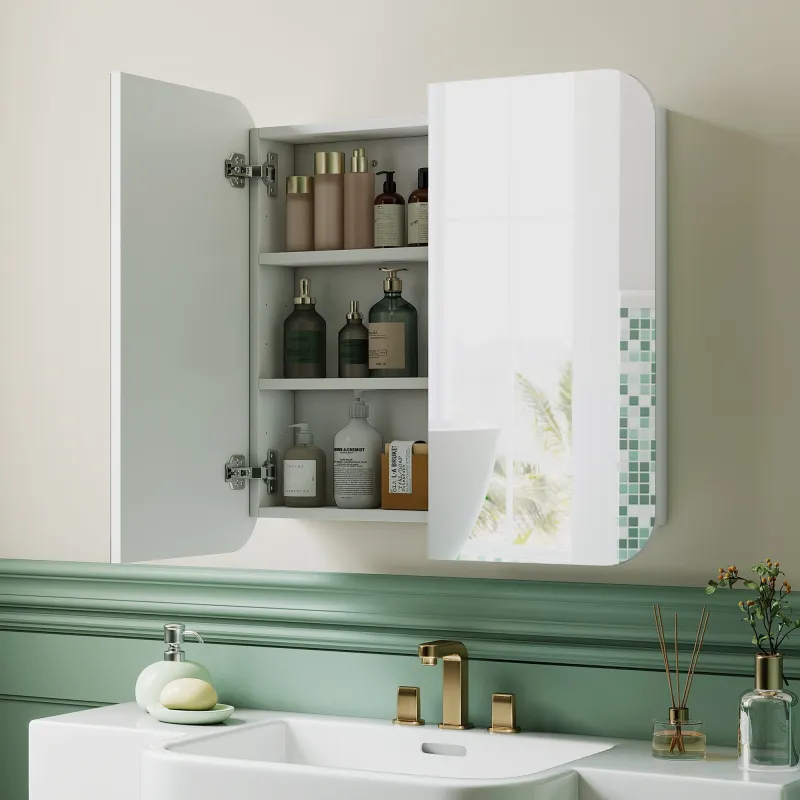 Armario de Baño con Espejo Diseño con Bordes Curvados 2 Puertas Estantes Ajustables 68x13x66 cm Blanco - Ogal.Es