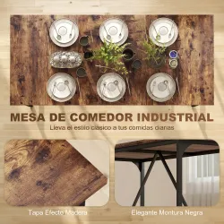 Mesa de Comedor Rectangular para 6-8 Personas Estilo Industrial con Patas de Metal 180x80x75,5 cm Marrón Rústico - Ogal.Es