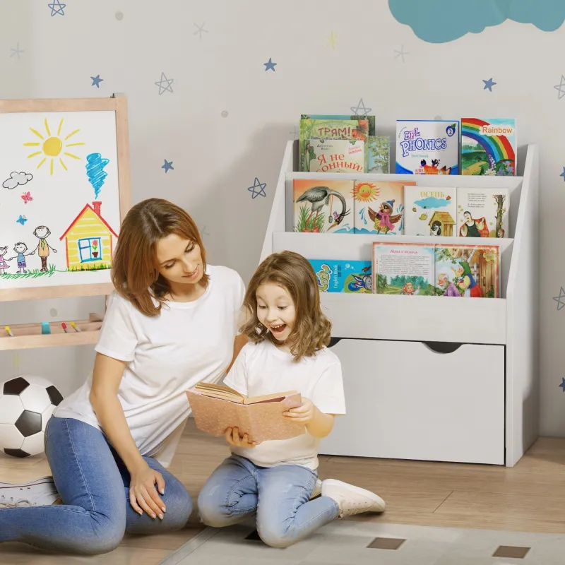 Librería Infantil de 4 Niveles Estantería para Libros Infantil con 3 Estantes y 1 Cajón con Ruedas 62,5x30x70 cm... - Ogal.Es