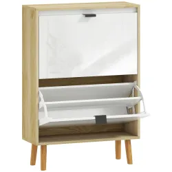 Zapatero Estrecho con 2 Puertas en Blanco Brillo Estantes Ajustables Patas de Madera para 12 Pares de Zapatos - Ogal.Es