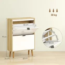 Zapatero Estrecho con 2 Puertas en Blanco Brillo Estantes Ajustables Patas de Madera para 12 Pares de Zapatos - Ogal.Es