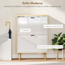 Zapatero Estrecho con 2 Puertas en Blanco Brillo Estantes Ajustables Patas de Madera para 12 Pares de Zapatos - Ogal.Es