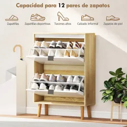 Zapatero Estrecho con 2 Puertas en Blanco Brillo Estantes Ajustables Patas de Madera para 12 Pares de Zapatos - Ogal.Es