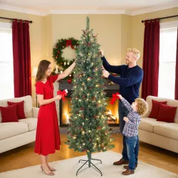 Árbol de Navidad Estrecho 210 cm con Luces LED 8 Modos de Iluminación Ramas con Purpurina Plateada Piñas Bayas V... - Ogal.Es