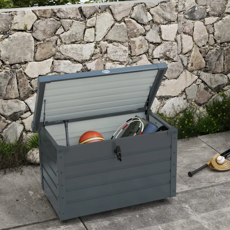 Baúl de Almacenaje Exterior de Acero Galvanizado con 4 Ruedas 2 Asas y Tapa con Cerradura 100x62x65 cm Gris Oscuro - Ogal.Es