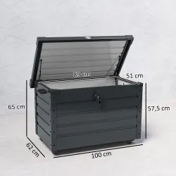 Baúl de Almacenaje Exterior de Acero Galvanizado con 4 Ruedas 2 Asas y Tapa con Cerradura 100x62x65 cm Gris Oscuro - Ogal.Es