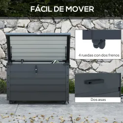 Baúl de Almacenaje Exterior de Acero Galvanizado con 4 Ruedas 2 Asas y Tapa con Cerradura 100x62x65 cm Gris Oscuro - Ogal.Es
