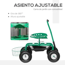 Asiento de Jardín con Ruedas Asiento Giratorio y Ajustable en Altura Bandeja de Herramientas Cesta para Exterior... - Ogal.Es