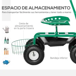 Asiento de Jardín con Ruedas Asiento Giratorio y Ajustable en Altura Bandeja de Herramientas Cesta para Exterior... - Ogal.Es