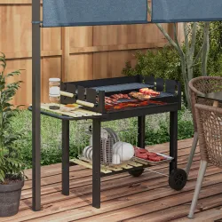 Barbacoa de Carbón 113x53,5x82,5 cm con 2 Parrillas Alturas Ajustables Mesa Lateral, Estante y Ruedas para Jardí... - Ogal.Es