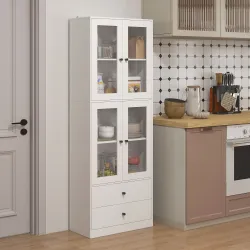 Alacena de Cocina Alta con 4 Puertas de Vidrio 2 Cajones Estantes Ajustables 59x30x170 cm Blanco - Ogal.Es