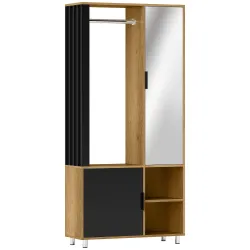 Armario Ropero con Puerta con Espejo Barra para Colgar 2 Compartimentos Abiertos 80x30x170 cm Natural y Negro - Ogal.Es