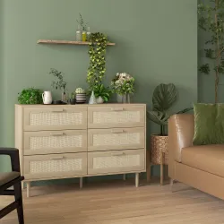 Cómoda para Dormitorio con 6 Cajones con Frontal de Ratán Patas de Madera Cajonera Estilo Bohemio 110x40x75 cm R... - Ogal.Es