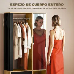 Armario Ropero con Puerta con Espejo Barra para Colgar 2 Compartimentos Abiertos 80x30x170 cm Natural y Negro - Ogal.Es