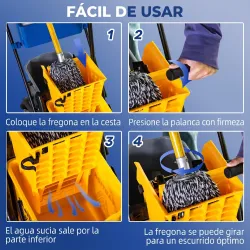 Cubo de Fregona 26 L con Ruedas Sistema de Escurridor Asa de Transporte y Doble Cubetas 78x45x95 cm Multicolor - Ogal.Es