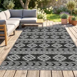 Alfombra de Exterior Reversible 182x274 cm Impermeable Anti-UV para Viajes en Autocaravana Negro y Gris - Ogal.Es