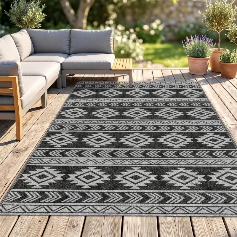 Alfombra de Exterior Reversible 182x274 cm Impermeable Anti-UV para Viajes en Autocaravana Negro y Gris - Ogal.Es