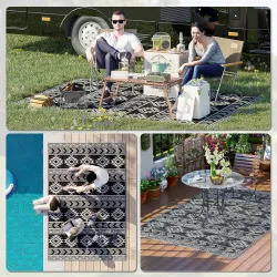Alfombra de Exterior Reversible 182x274 cm Impermeable Anti-UV para Viajes en Autocaravana Negro y Gris - Ogal.Es