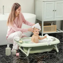 Bañera Plegable Bebé con Cojín de Baño Soporte con Botón Orificio de Drenaje y de Ducha Repisa Gancho Verde - Ogal.Es
