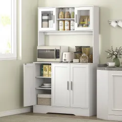 Alacena de Cocina con 2 Puertas de Vidrio Encimera Amplia para Microondas Estantes Ajustables 108x35x180 cm Blanco - Ogal.Es