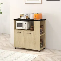 Carrito de Cocina con Ruedas 2 Puertas Estante Ajustable Especieros para Comedor 75x40x80,5 cm Natural - Ogal.Es