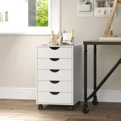 Cajonera Oficina con Ruedas y 5 Cajones Archivador Móvil, para Estudio Salón 40x40x67 cm Blanco - Ogal.Es