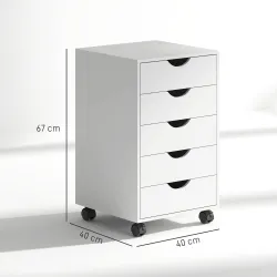 Cajonera Oficina con Ruedas y 5 Cajones Archivador Móvil, para Estudio Salón 40x40x67 cm Blanco - Ogal.Es