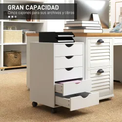 Cajonera Oficina con Ruedas y 5 Cajones Archivador Móvil, para Estudio Salón 40x40x67 cm Blanco - Ogal.Es