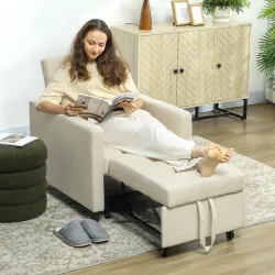 Sofá Cama de 1 Plaza Tapizado en Lino con Respaldo Ajustable de 3 Niveles y Almohada Acolchada 69x82,5x84 cm Beige - Ogal.Es