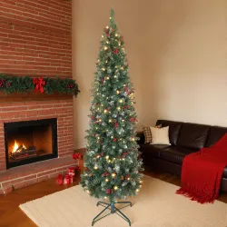 Árbol de Navidad Artificial Estrecho 180 cm con Luces LED 7 Modos de Iluminación 461 Ramas Piñas Bayas y Soporte... - Ogal.Es