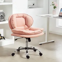 Silla de Oficina Piernas Cruzadas con Asiento Ancho Ruedas Altura Ajustable Doble Acolchado Función Basculante Rosa - Ogal.Es
