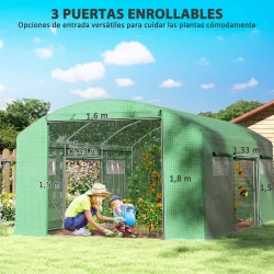 Invernadero de Túnel 4x3x2 m con 4 Ventanas 3 Puertas Enrollables Cubierta de PE y Estructura de Acero Galvaniza... - Ogal.Es