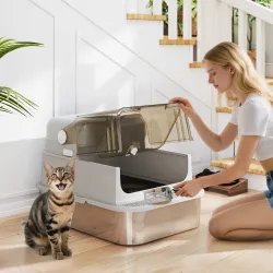 Arenero para Gatos de Acero Inoxidable XXL con Tapa Abatible Laterales Altos Entrada Superior Pala Gris - Ogal.Es